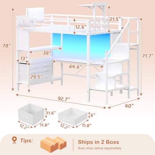 Dnxao Loft Bed Twin Size with 6 Storage Drawers and Foldable Table, White