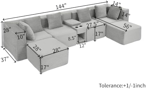 144-Inch Oversized U-Shaped Modular Cloud Couch Boneless Corner Sectional Couch W/Console & Ottomans, Compression Boneless Corner Sofa Corduroy Sectional Sofa for Living Room