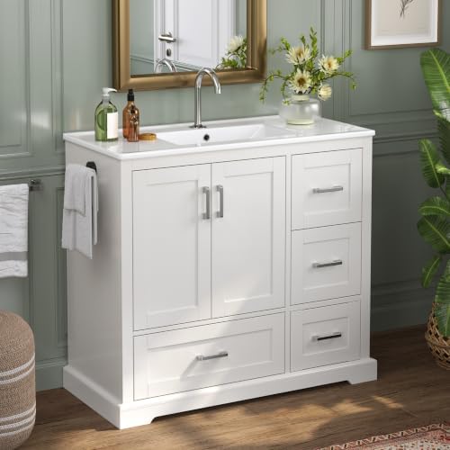 LUMISOL 42 Inch Bathroom Vanity with Sink, Freestanding Bathroom Vanity with Ceramic Sink, Soft-Close Doors, 4 Drawers, Door Storage Shelves, Towel Rack, White
