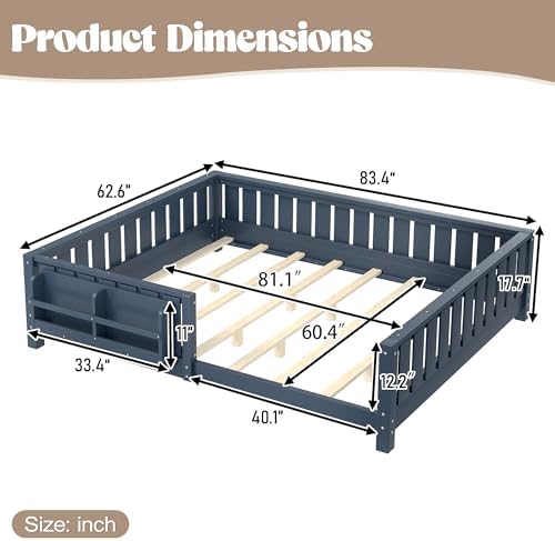 Bellemave Queen Size Floor Bed with Slats and Safety Guardrail, Queen Size Montessori Floor Bed with Fence and Built-in Bookshelf, Easy Assemble Montessori Beds for Girls, Boys, Blue