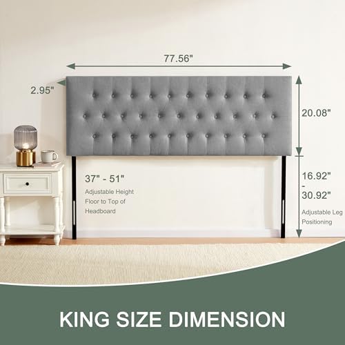 Tufted Upholstered Headboard King Size, Adjustable Height 37- 51 in, Gray