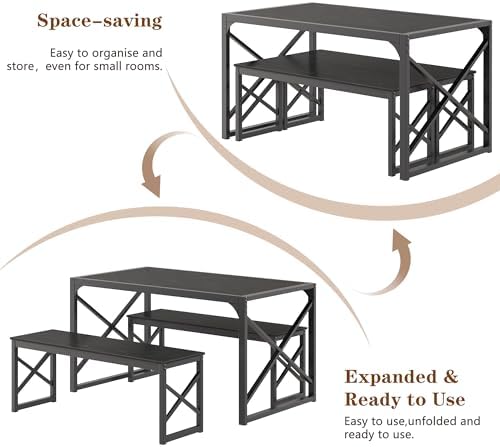 VECELO 55” Kitchen Dining Table Set for 4, Heavy-Duty Steel Frame & Wood-Grain Tabletop, Space-Saving Dinette Sets with 2 Benches for Breakfast Nook and Small Space, Black