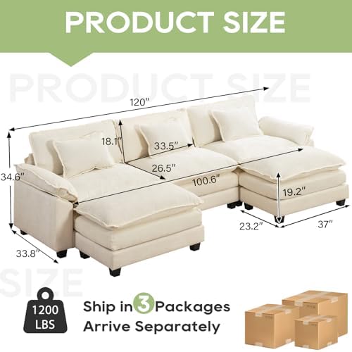 Oprisen 120" Modular Sectional Sofa, Comfy Deep Cloud Couch with Ottoman