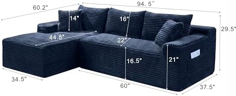 95" L-Shaped Left Facing Cloud Sectional Couch for Living Room, Modular Compressed Boneless Sectional Sofa Corduroy Boneless Corner Foam Sofa W/Chaise Lounge and Pillows
