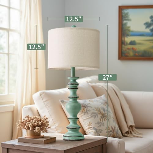 BOBOMOMO 27" Distressed Teal Table Lamps Set of 2, Large Coastal Farmhouse Resin Lamps with Linen Shades, Blue Green Lamps for Living Room, Bedroom, or Console Table Home Décor