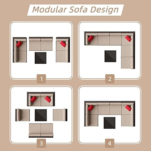Shintenchi 7 Pieces Patio Furniture Sets Outdoor All-Weather Sectional Patio Sofa Set PE Rattan Manual Weaving Wicker Patio Conversation Set with Glass Table&Ottoman Cushion and Red Pillows, Beige