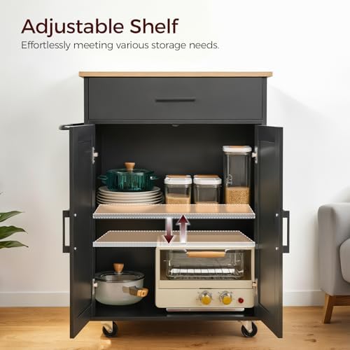 MAHANCRIS Kitchen Island on Wheels with Drop Leaf, Folding Countertop Kitchen Island Cart, Kitchen Islands Table with Towel Rack, Drawer, for Kitchen, Dining Room, Black and Natural KINB12501