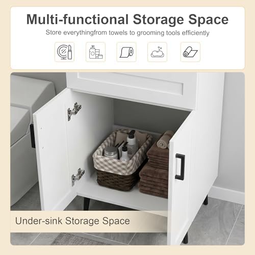 24 Inch Bathroom Vanity with Sink, Modern Wooden Freestanding Bathroom Storage Cabinet with 2 Doors, Metal Legs, Painted Surface, White