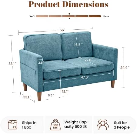 56" Chenille Loveseat Sofa, Mid Century Modern 2 Seater Love Seat Couch
