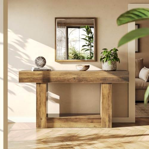 LITTLE TREE 63 Inches Long Console Table, 2-Tier Farmhouse Sofa Table Behind Couch, Large Narrow Entryway Table for Living Room, Wooden Hallway Foyer Table with Heavy Duty Base, Rustic Brown