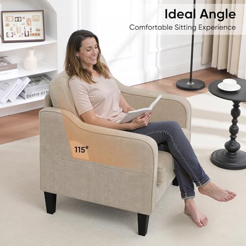 Accent Chairs Set of 2, Upholstered Living Room Chair with Side Pockets, Mid Century Modern Reading Chair for Bedroom, Comfy Armchair Single Sofa Side Chair for Office, Small Room, Light Brown