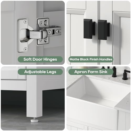 30 Inch White Bathroom Vanity with Sink, Solid Wood | Farmhouse Pre Assembled Vanity Bathroom with Soft Closing Doors, Vanity for Bathroom, Apron Farm Sink