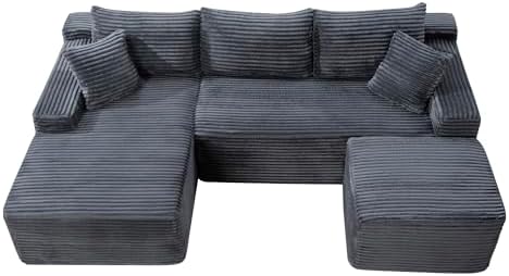 106-Inch Oversized U-Shaped Left Facing Corner Compressed Sofa Modular Boneless Cloud Sectional Sofa Floor Foam Couch W/Chaise & Ottoman, Corduroy Corner Boneless Cloud Couch