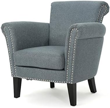 Christopher Knight Home Brice Vintage Scroll Arm Studded Fabric Club Chair, Steel Blue / Dark Brown