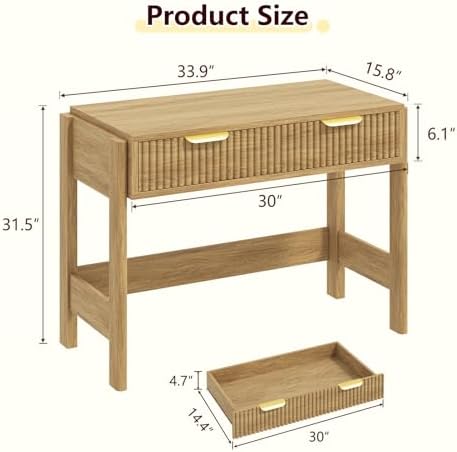 34 Inch Small Fluted Computer Desk with Drawer for Bedroom, Home Office