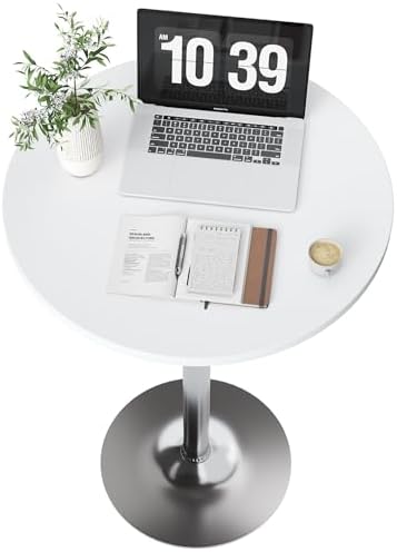 Flamaker Round Bistro Pub Table Modern Style Metal Base MDF Top Cocktail Bar Table Counter Bar Height for Pub, Dining Room, Party (1, White-Silver)