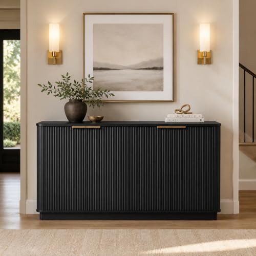 USHOWER 63" Fluted Buffet Cabinet with Storage, Wooden Sideboard, Black
