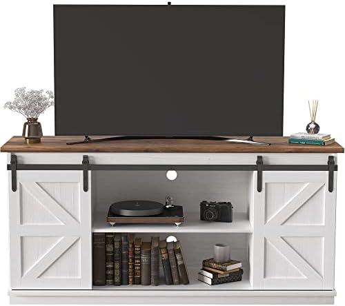 JUMMICO TV Stand for 65 Inch TV, Sliding Barn Doors, Bright White