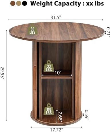 31.5" Round Dining Table for 2-4, Modern Farmhouse Kitchen Table with 2-Tier Storage Shelf, Small Wooden Circle Dining Tables with Fluted Base for Home Dining Room Living Room (Walnut)