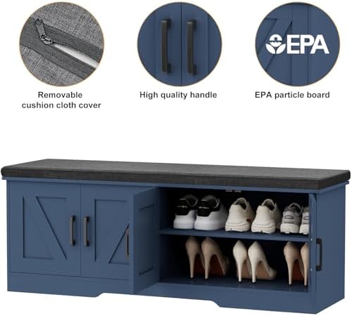 HOMSHO Farmhouse Shoe Storage Bench with 4 Barn Doors & Padded Seat Cushion