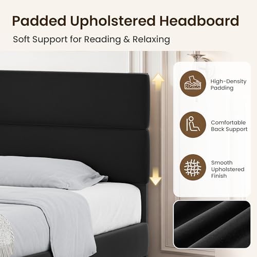 GRUSIGN Twin Size Platform Bed Frame with Velvet Headboard, Adjustable Height Wooden Slats Support, Upholstered Mattress Foundation, Fits Mattress or Mattress with Box Spring, Easy Assembly, Black