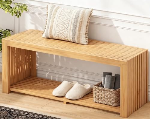 Bamboo Bench with Shelf, 35'' Entryway Bench Seat, Natural