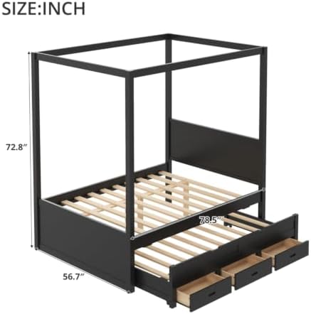 SANOFI Full Size Wood Canopy Bed with Twin Size Trundle, Black