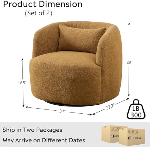 KINWELL 34" W Boucle Swivel Barrel Chairs with Pillow Set of 2, Brown
