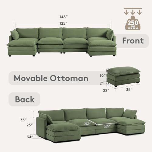 ROWHY 148'' Modular Sectional Cloud Couch with 2 Movable Ottomans, Oversized 6 Seat Modern Corduroy Sofas, Deep Seat U Shaped Couch for Living Room Bedroom Apartment,Green