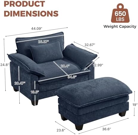 Oversized Accent Chair with Ottoman Set of 2,44"Chenille Cloud Sofa Chair with Deep Seat,Upholstered Armchair with Extra Thick,Modern Comfy Reading Chairs for Living Room Bedroom Apartment Blue