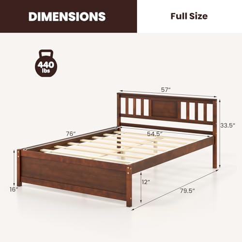 GIANTEX Full Size Solid Wood Platform Bed Frame, Mid Century Full Bed Frame with Headboard, Wood Slat Support, Double Panel Bed, No Box Spring Needed, Easy Assembly, Walnut