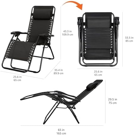 Amazon Basics Zero Gravity Lounge Chair with Pillow, Foldable Outdoor Reclining Chair for Patio and Beach, Weather-Resistant Textilene, 300 lb Capacity, 26", Black