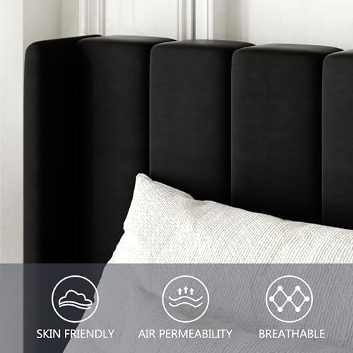 Gruwans Queen Size Bed Frame with Upholstered Wingback Headboard, Easy Assemnly Platform Bed, Wooden Slat Support No Box Spring Needed, Black Velvet