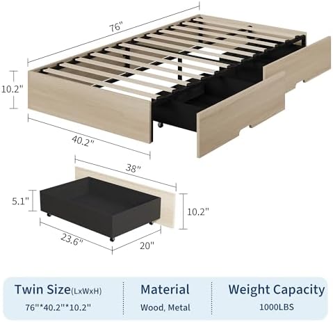GarveeHome Wood Platform Bed Frame, Twin Bed Frame with 2 Drawers