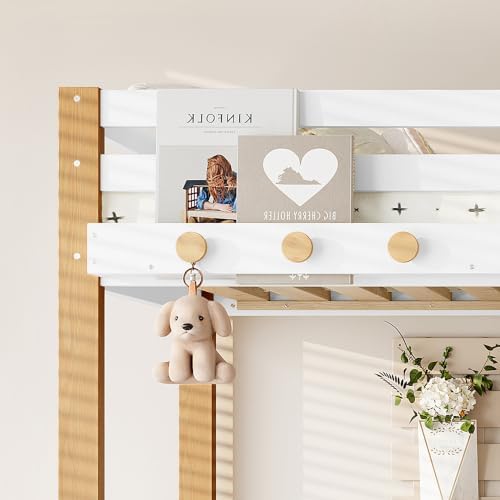 KEIKI Twin Size Wooden Loft Bed Frame with Staircase, Clothes Hook, White