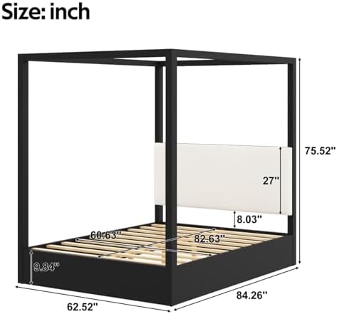Queen Size Canopy Bed with Upholstered Headboard (Black)