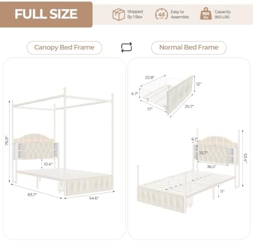 Full Size Upholstered LED Canopy Bed Frame with 2 Drawers and & Charging Station, Button Tufted Storage Headboard, Metal Platform Bed with 4 Removable Posts, No Box Spring Needed, White