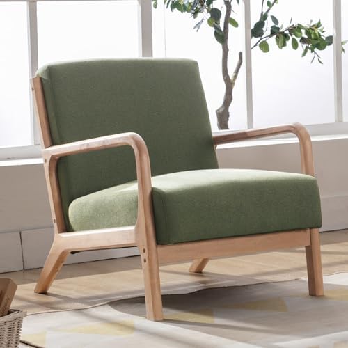 ANJ Mid Century Modern Accent Chair, Comfy Fabric Reading Chair with Solid Wood Frame, Easy Assembly Armchair for Living Room Blackish Green