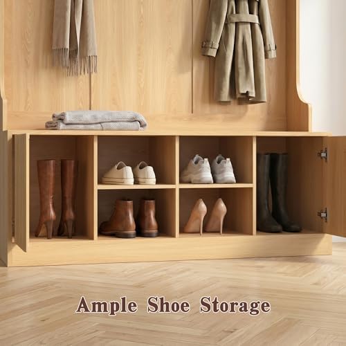 5-in-1 Hall Tree with Bench and Shoe Storage with LED Sensor Light, OAK丨Entryway Coat Rack with Hooks and Storage Cubes, Shoe Cabinet with Fluted Door, Modern Hall Tree for Entryway, Living Room