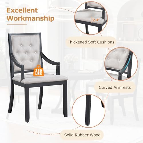 LUMISOL 5-Piece Solid Wood Dining Table Set for 4, Extendable Round Kitchen Table Set with 4 Upholstered Chairs, Farmhouse Table and Chairs Set for Kitchen, Dining Room, Black+Beige