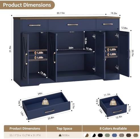 HOSTACK Kitchen Buffet Sideboard Storage Cabinet, Coffee Bar Cabinet, Blue