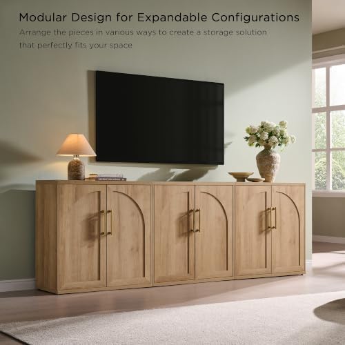 ACCOHOHO Arched Door Sideboard Buffet Cabinet Set of 3, Natural Oak