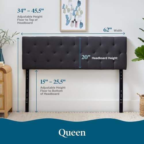 Lucid Mid-Rise Upholstered Headboard - Diamond Tufted - Padded Polyester - Adjustable Height from 34” to 46” - Easy Assembly - Bed Frame or Wall Mount - Sturdy - Charcoal - Queen Size