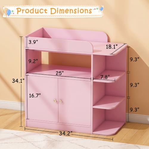 Wanan Changing Table Dresser with Large Cabinet for Nursery, Wood, Pink