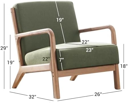ANJ Mid Century Modern Accent Chair, Comfy Fabric Reading Chair with Solid Wood Frame, Easy Assembly Armchair for Living Room Blackish Green