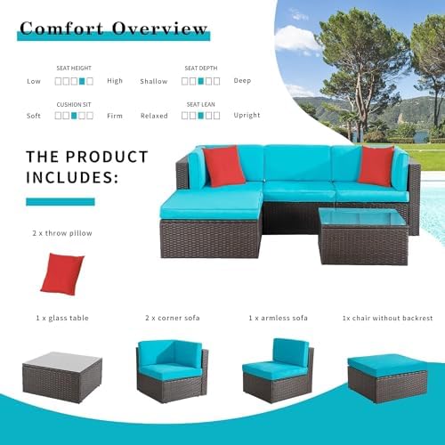 Shintenchi 5 Pieces Patio Furniture Sets Outdoor All-Weather Sectional Patio Sofa Set PE Rattan Wicker Patio Conversation Set with Glass Table&Ottoman Cushion, Blue