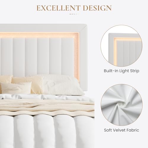 SHA CERLIN Full Size Velvet Bed Frame with LED Light, White