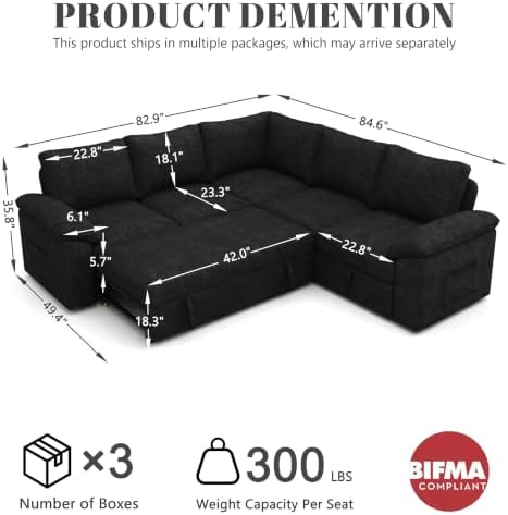 85'' Modular Sectional Sofa with Pull Out Bed, Sleeper Sofa, Black