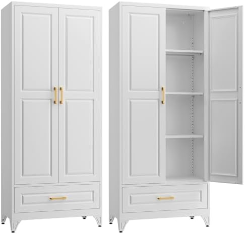 SteeLoong 75" Metal Storage Cabinet with Doors and 3 Adjustable Shelves | Kitchen Pantry Cabinet with Drawer,White Kitchen Cabinet with 2 Gold Handles,Food Cupboard for Livingroom,Pantry, Bathroom