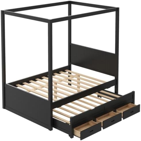 SANOFI Full Size Wood Canopy Bed with Twin Size Trundle, Black